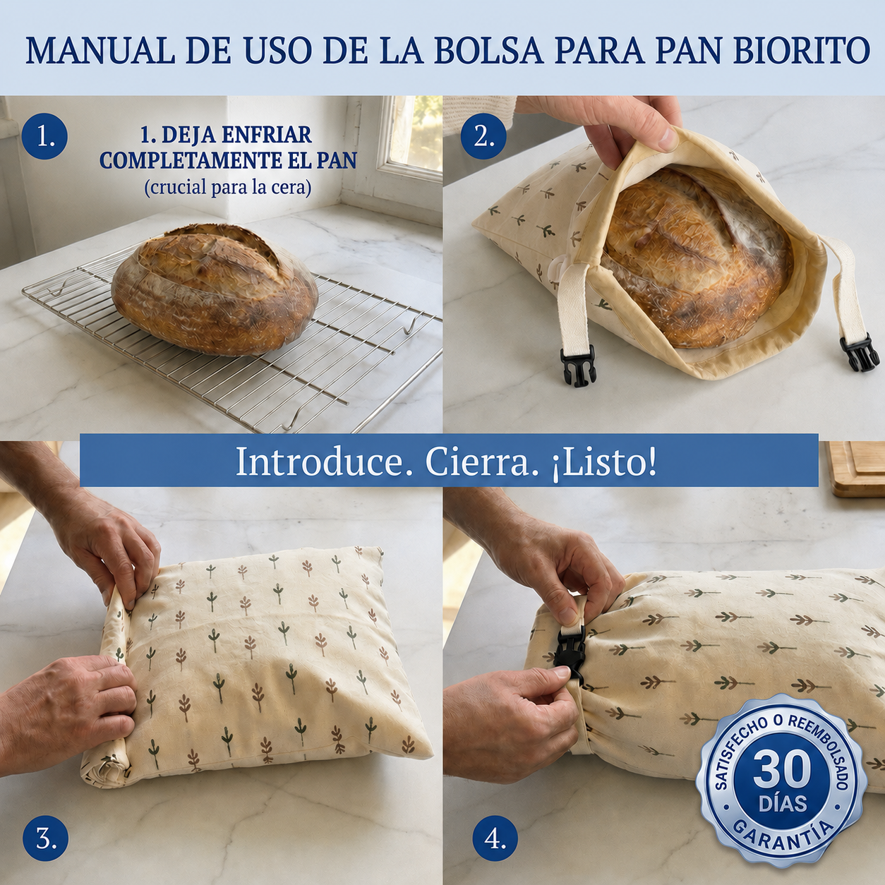 PaneraViva™ — bolsas premium para pan hechas con algodón 100% y cera de abeja.