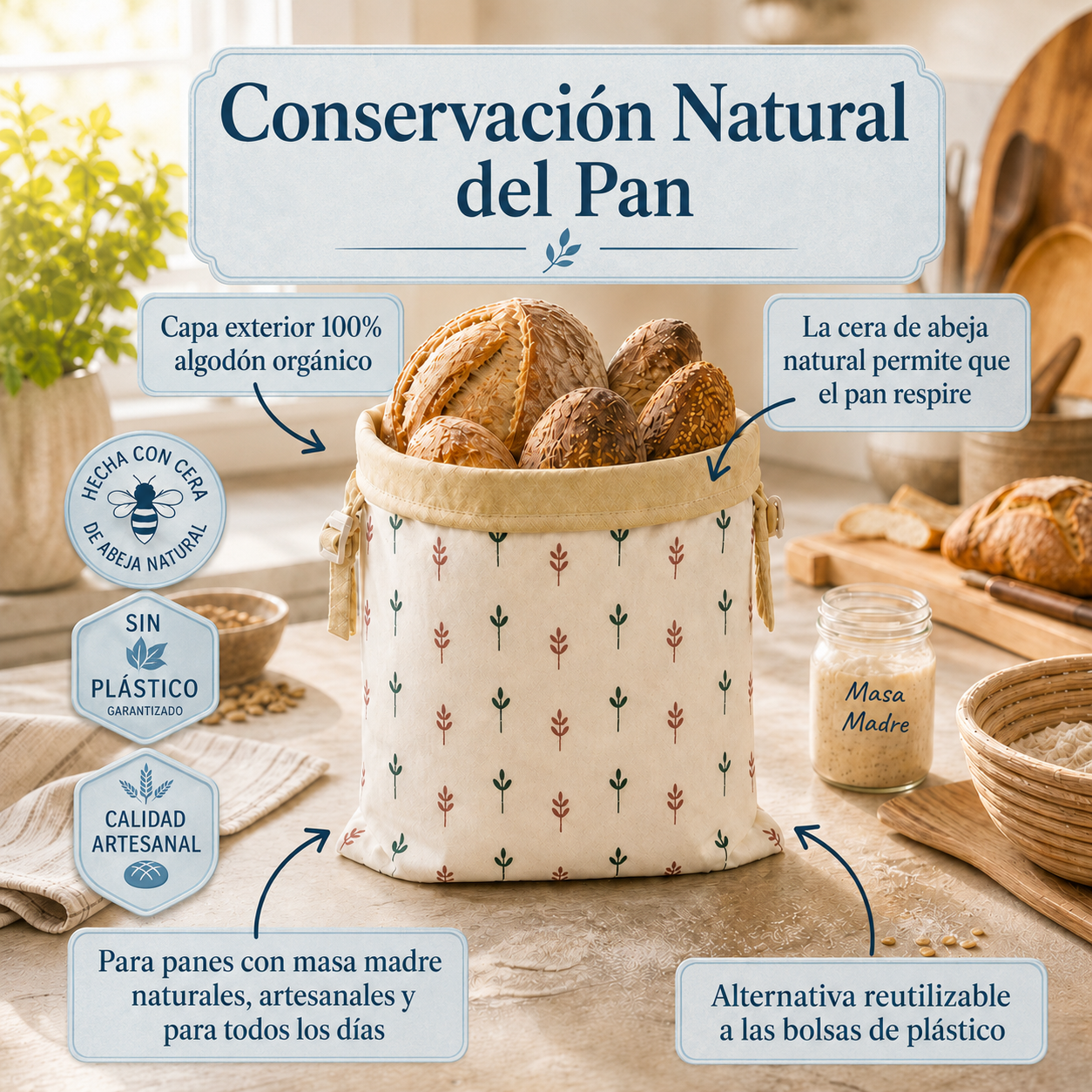 PaneraViva™ — bolsas premium para pan hechas con algodón 100% y cera de abeja.